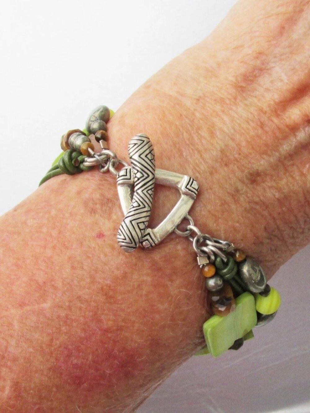 In Box SILPADA Green MOP Pyrite Tiger Eye Sterling Silver Toggle Bracelet B1132 - Picture 5 of 5